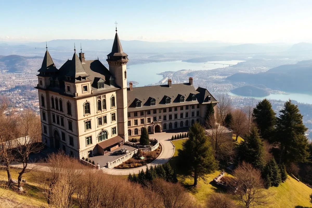 An illustrative castle on a hillside overlooking a lake