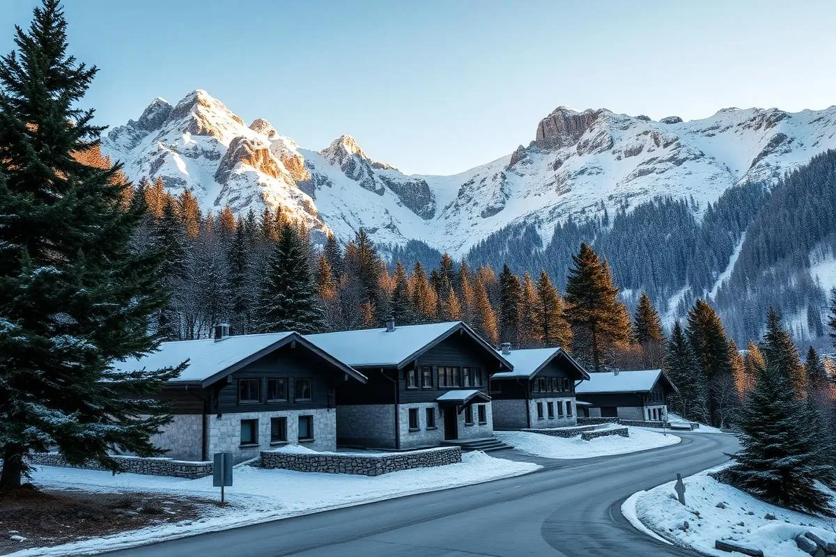 An illustrative Alpine building beneath snow-covered mountains