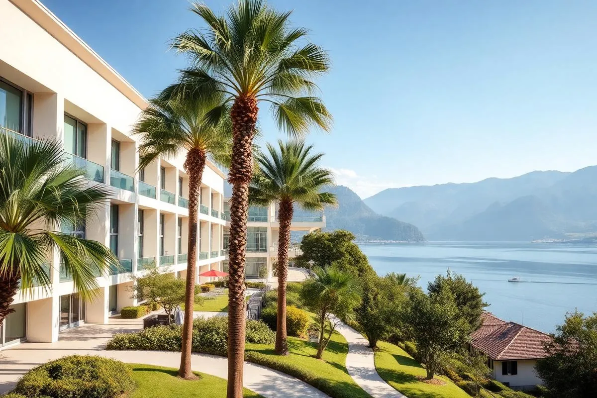 An illustrative lakeside building with palm trees