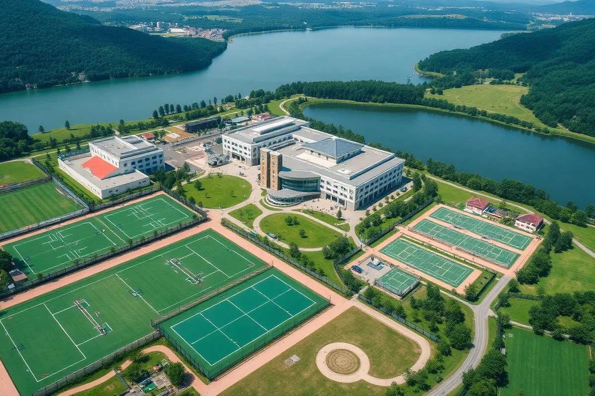 An illustrative aerial view of a campus with sports grounds beside a lake