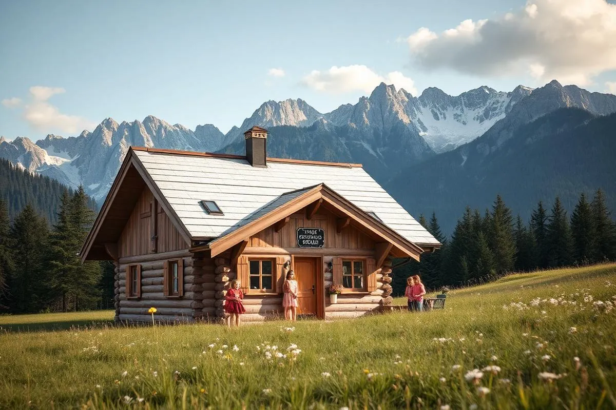 An illustrative wooden chalet in an Alpine meadow